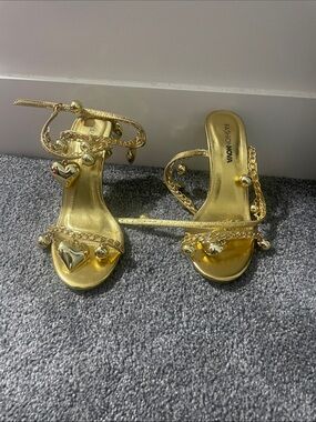 Fashion Nova Metallic Gold Heart-Trim Heeled Sandals